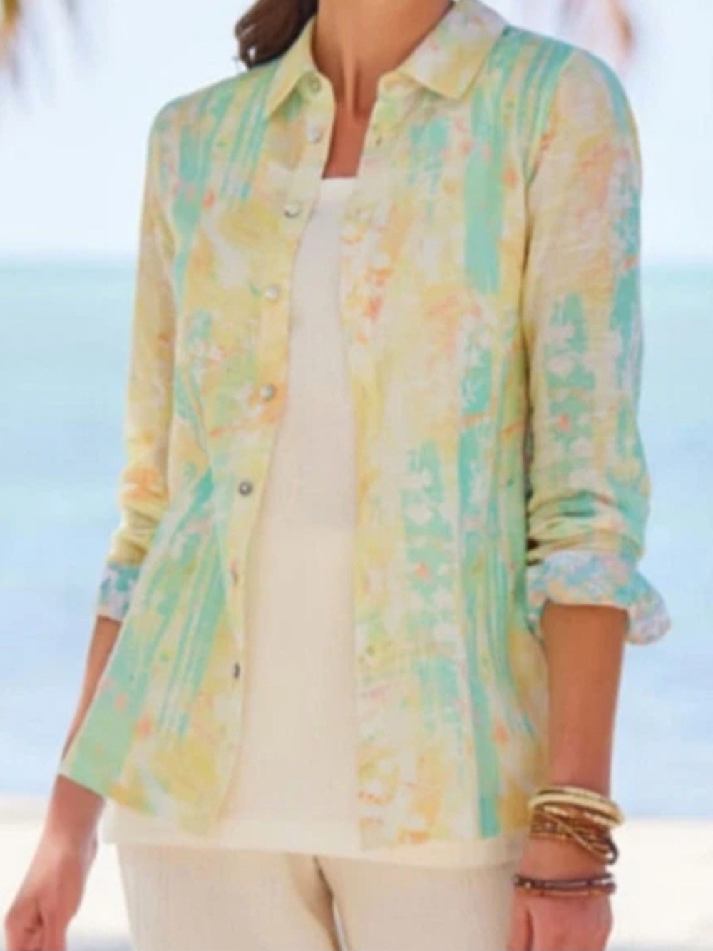 Soft Surroundings "Ensconce" Beachy Gauze Cotton Tunic Watercolor Blouse, Medium
